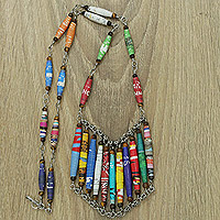 Tiger's eye and recycled paper pendant necklace, 'Colorful Rainbow' - Recycled Paper Tiger's Eye Stainless Steel Pendant Necklace