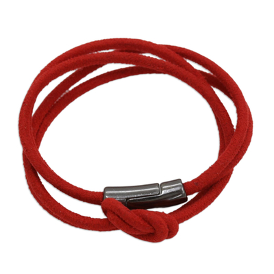 Suede wrap bracelet, 'Celtic Charm' - Red Suede Wrap Bracelet with Celtic Knot and Double Strands