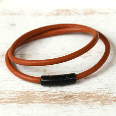 Leather wrap bracelet, 'Rust Delight' - Leather Wrap Bracelet with Magnetic Clasp Handmade in Brazil