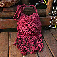 Cotton shoulder bag, 'Wine Beauty' - Crocheted Wine Cotton Shoulder Bag with Fringes