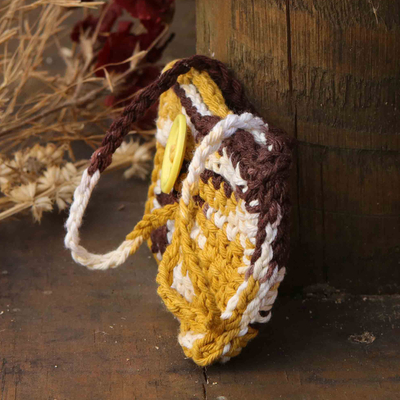 Cotton card holder, 'Miss Goldenrod' - Crocheted Goldenrod Cotton Card Holder with Button Closure