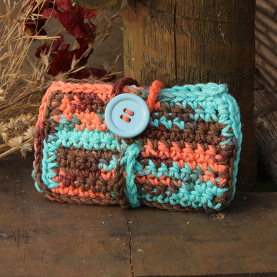 Cotton card holder, 'Miss Mint' - Mint Cotton Card Holder w/ Button Closure Crocheted by Hand