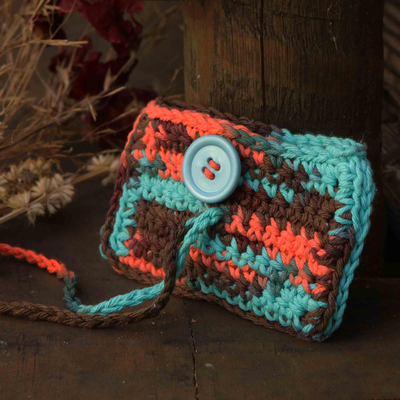 Cotton card holder, 'Miss Mint' - Mint Cotton Card Holder w/ Button Closure Crocheted by Hand