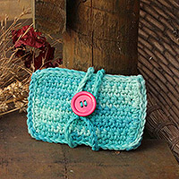 Cotton card holder, 'Miss Turquoise' - Crocheted Turquoise Cotton Card Holder with Button Closure