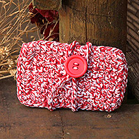 Cotton card holder, 'Crimson Kisses' - Handcrafted Cotton Card Holder in Red and White from Brazil