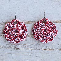 Crocheted dangle earrings, 'Red Whirl' - Red and White Crocheted Cotton Dangle Earrings from Brazil