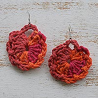 Crocheted dangle earrings, 'Tangerine Glints' - Tangerine Cotton Dangle Earrings with Crocheted Design