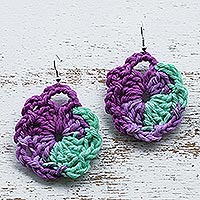 Crocheted dangle earrings, 'Mint Glints' - Mint Cotton Dangle Earrings with Crocheted Design