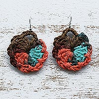 Crocheted dangle earrings, 'Persimmon Glints' - Persimmon Cotton Dangle Earrings with Crocheted Design