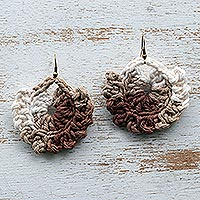 Crocheted dangle earrings, 'Beige Glints' - Beige Cotton Dangle Earrings with Crocheted Design