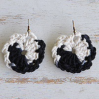 Crocheted dangle earrings, 'Dark Glints' - Black and White Cotton Dangle Earrings with Crocheted Design