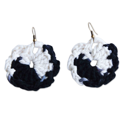 Black and White Cotton Dangle Earrings with Crocheted Design