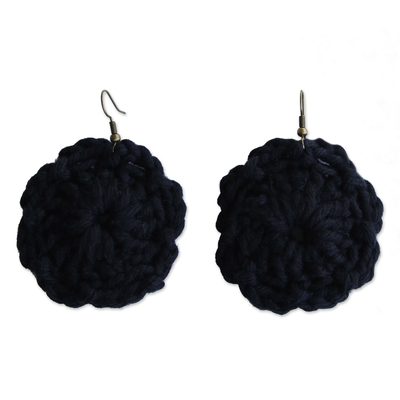 Floral Cotton Dangle Earrings with Black Crocheted Design