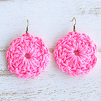 Crocheted dangle earrings, 'Pink Floral Sense' - Floral Cotton Dangle Earrings with Pink Crocheted Design