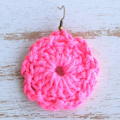 Crocheted dangle earrings, 'Pink Floral Sense' - Floral Cotton Dangle Earrings with Pink Crocheted Design