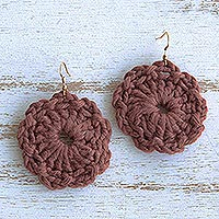 Crocheted dangle earrings, 'Raisin Floral Sense' - Floral Cotton Dangle Earrings with Raisin Crocheted Design