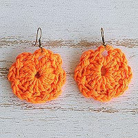 Crocheted dangle earrings, 'Melon Floral Sense' - Floral Cotton Dangle Earrings with Melon Crocheted Design