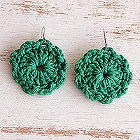 Crocheted dangle earrings, 'Viridian Floral Sense' - Floral Cotton Dangle Earrings with Viridian Crocheted Design