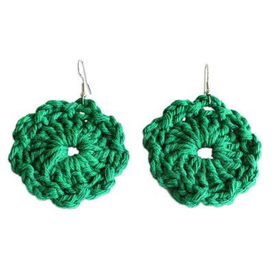Floral Cotton Dangle Earrings with Viridian Crocheted Design