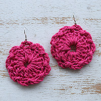 Crocheted dangle earrings, 'Fuchsia Floral Sense' - Floral Cotton Dangle Earrings with Fuchsia Crocheted Design