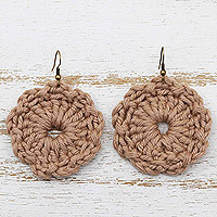 Crocheted dangle earrings, 'Light Taupe Bouquet' - Crocheted Flower Dangle Earrings from Brazil in Light Taupe