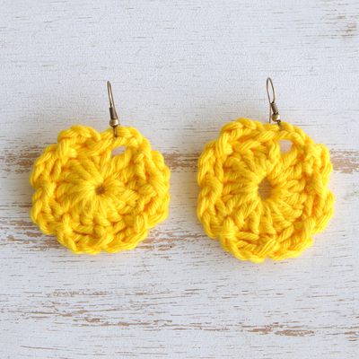 Crocheted dangle earrings, 'Yellow Floral Sense' - Floral Cotton Dangle Earrings with Yellow Crocheted Design