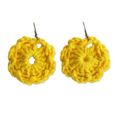 Floral Cotton Dangle Earrings with Yellow Crocheted Design