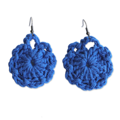 Crocheted dangle earrings, 'Blue Floral Sense' - Floral Cotton Dangle Earrings with Blue Crocheted Design