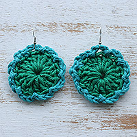 Crocheted dangle earrings, 'Emerald Spiral' - Emerald Crocheted Cotton Dangle Earrings with Spiral Design