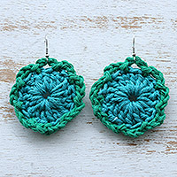 Crocheted dangle earrings, 'Turquoise Spiral' - Turquoise Crocheted Cotton Dangle Earrings with Spiral Motif