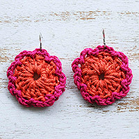 Crocheted dangle earrings, 'Tangerine Spiral' - Tangerine Crocheted Cotton Dangle Earrings with Spiral Motif