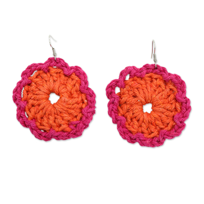 Tangerine Crocheted Cotton Dangle Earrings with Spiral Motif