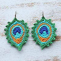Crocheted dangle earrings, 'Green Peacock' - Crocheted Peacock Cotton Dangle Earrings in Green