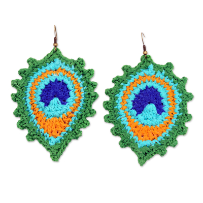Crocheted Peacock Cotton Dangle Earrings in Green