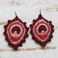 Crocheted dangle earrings, 'Burgundy Peacock' - Crocheted Peacock Cotton Dangle Earrings in Burgundy