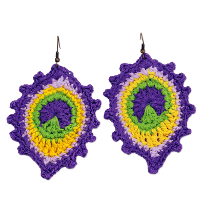 Crocheted dangle earrings, 'Imperial Peacock' - Crocheted Peacock Cotton Dangle Earrings in Imperial Purple