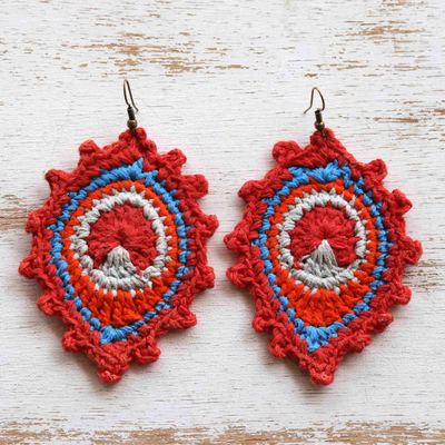 Crocheted dangle earrings, 'Geranium Peacock' - Crocheted Peacock Cotton Dangle Earrings in Geranium