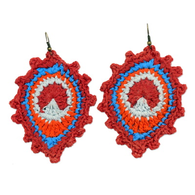 Crocheted dangle earrings, 'Geranium Peacock' - Crocheted Peacock Cotton Dangle Earrings in Geranium