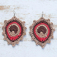Crocheted dangle earrings, 'Chocolate Peacock' - Crocheted Peacock Cotton Dangle Earrings in Brown Hues