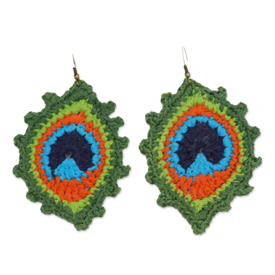 Crocheted Peacock Cotton Dangle Earrings in Avocado