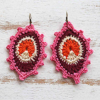 Crocheted dangle earrings, 'Carnation Peacock' - Crocheted Peacock Cotton Dangle Earrings in Carnation