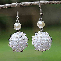 Crocheted beaded dangle earrings, 'White Glass Ball' - Crocheted Beaded Dangle Earrings with Brass Hooks in White