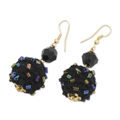 Crocheted beaded dangle earrings, 'Black Glass Ball' - Crocheted Beaded Dangle Earrings with Gold-Plated Hooks