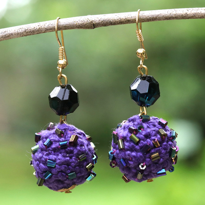 Crocheted beaded dangle earrings, 'Purple Glass Ball' - Crocheted Dangle Earrings with Beads and Gold-Plated Hooks