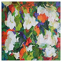 'Las Palmas' - Pintura impresionista estirada firmada de flores y hojas