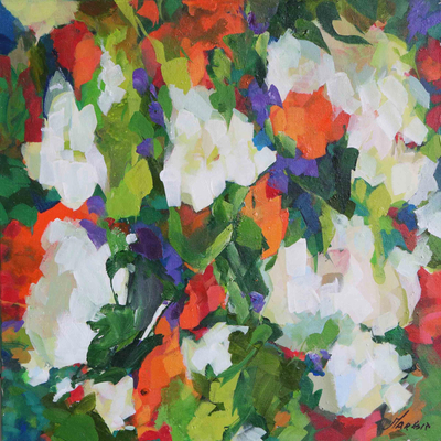'The Palms' - Signed Stretched Impressionist Painting of Blooms and Leaves
