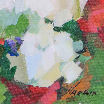 'Las Palmas' - Pintura impresionista estirada firmada de flores y hojas