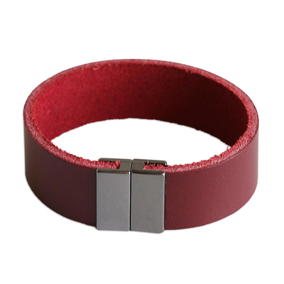 Leather wristband bracelet, 'Dark Sophistication' - Modern Black Leather Wristband Bracelet with Magnetic Clasp