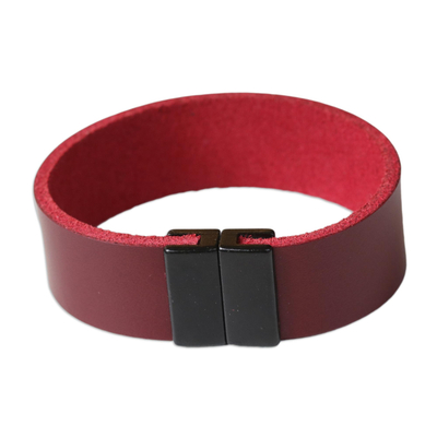 Leather wristband bracelet, 'Burgundy Sophistication' - Burgundy Leather Wristband Bracelet with Magnetic Clasp