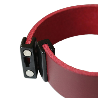 Leather wristband bracelet, 'Burgundy Sophistication' - Burgundy Leather Wristband Bracelet with Magnetic Clasp